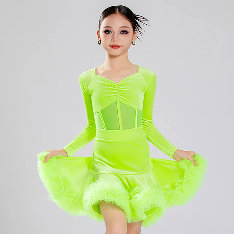 

Детская одежда для латинских танцоров для девочек, бархатное сетчатое боди и юбки с оборками, униформа для соревнований, детские бальные костюмы