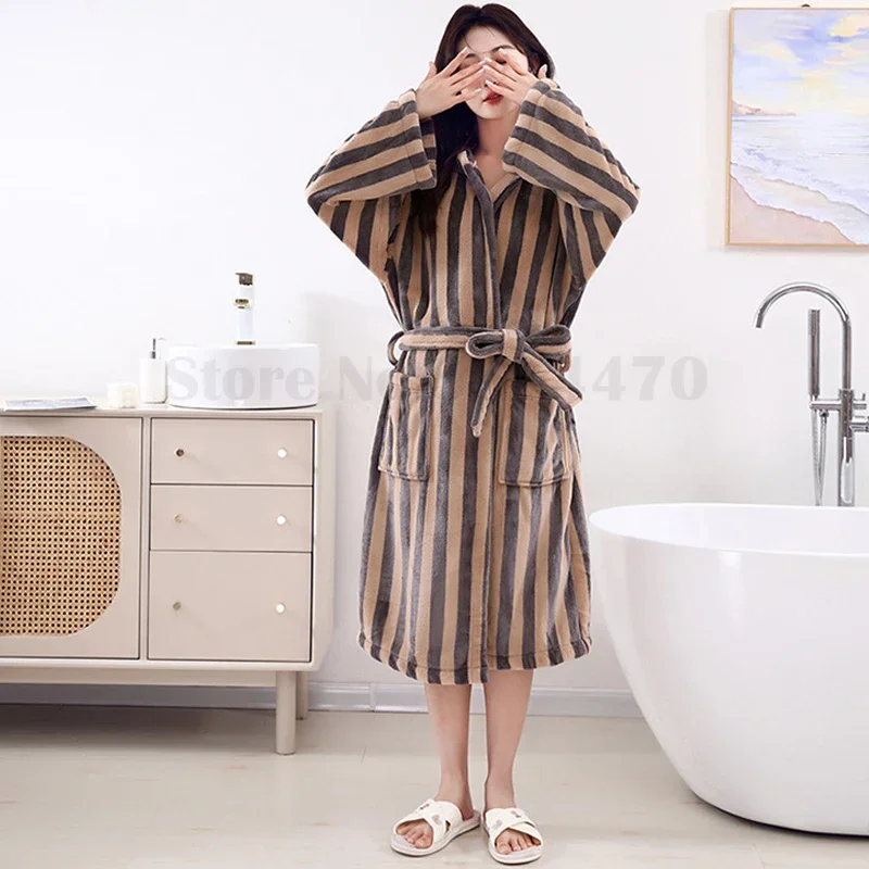 Stripe Coral Fleece Long Sleeve Sleepwear Bathrobe Thick Flannel Women Robe Home Clothes Autumn Winter Warm Loose Lounge Wear