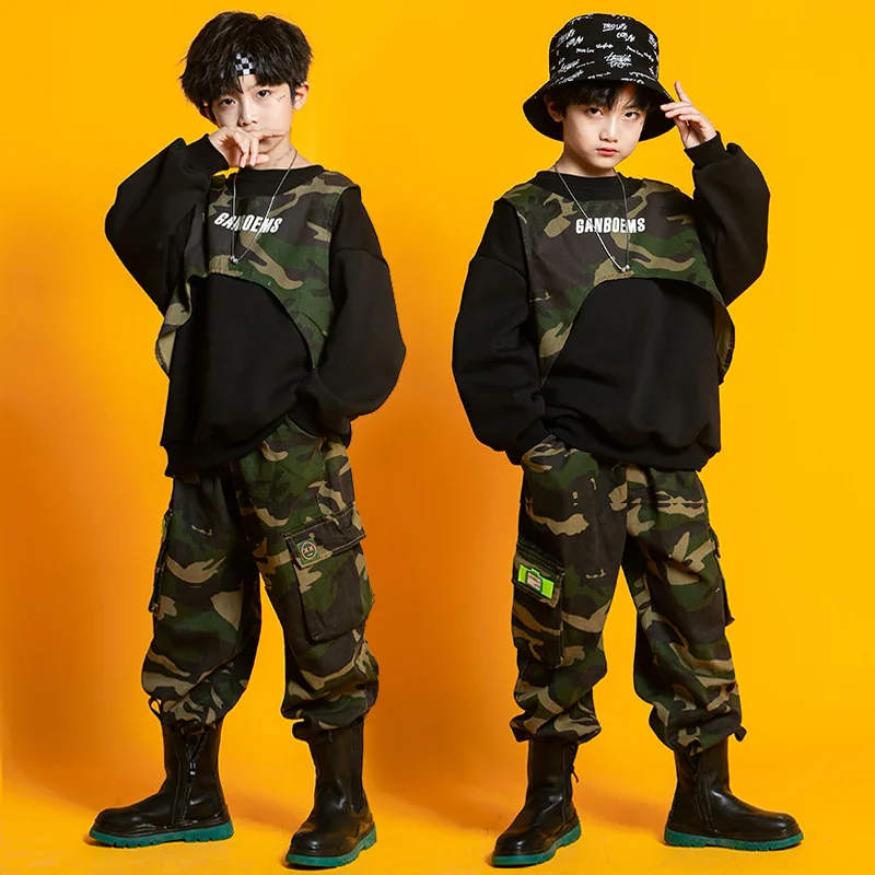 Kind Hip Hop Kleidung Sweatshirt Camo Weste Top Streetwear Tarnung taktische Cargo hose für Mädchen Junge Jazz Tanz Kostüm Kleidung