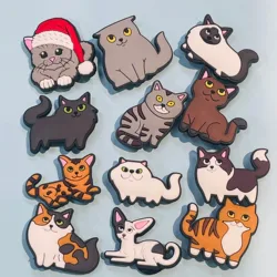 12Pcs Cartoon Cat Series PVC Shoe Charms For Clogs Pins Hole Shoes Ornaments Sandals Accessories DIY Bracelets Holiday Present