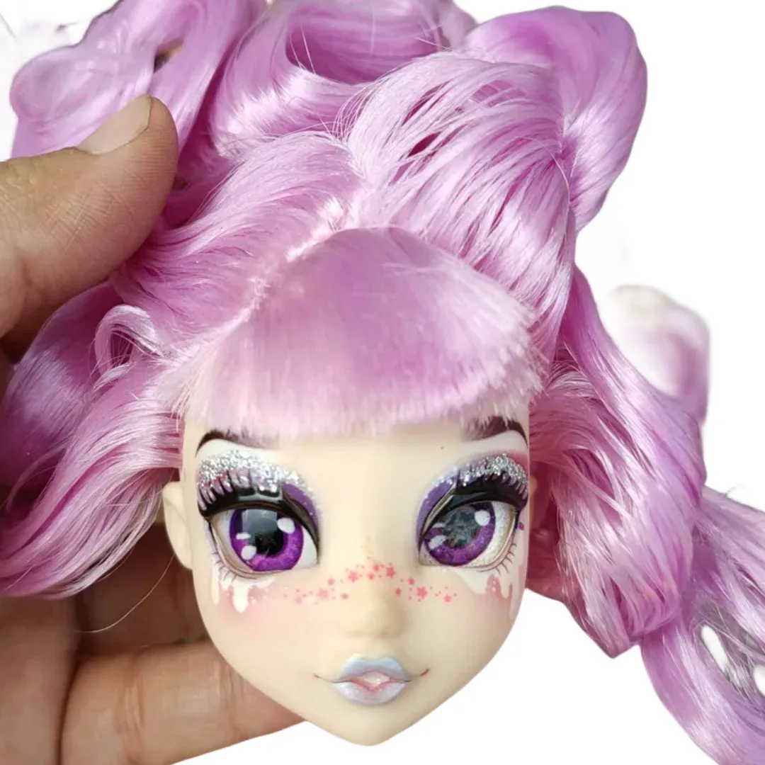 オリジナル人形ヘッドキラキラアライブメガネ目人形パーツ黒紫青ゴールド髪白い肌人形アクセサリー