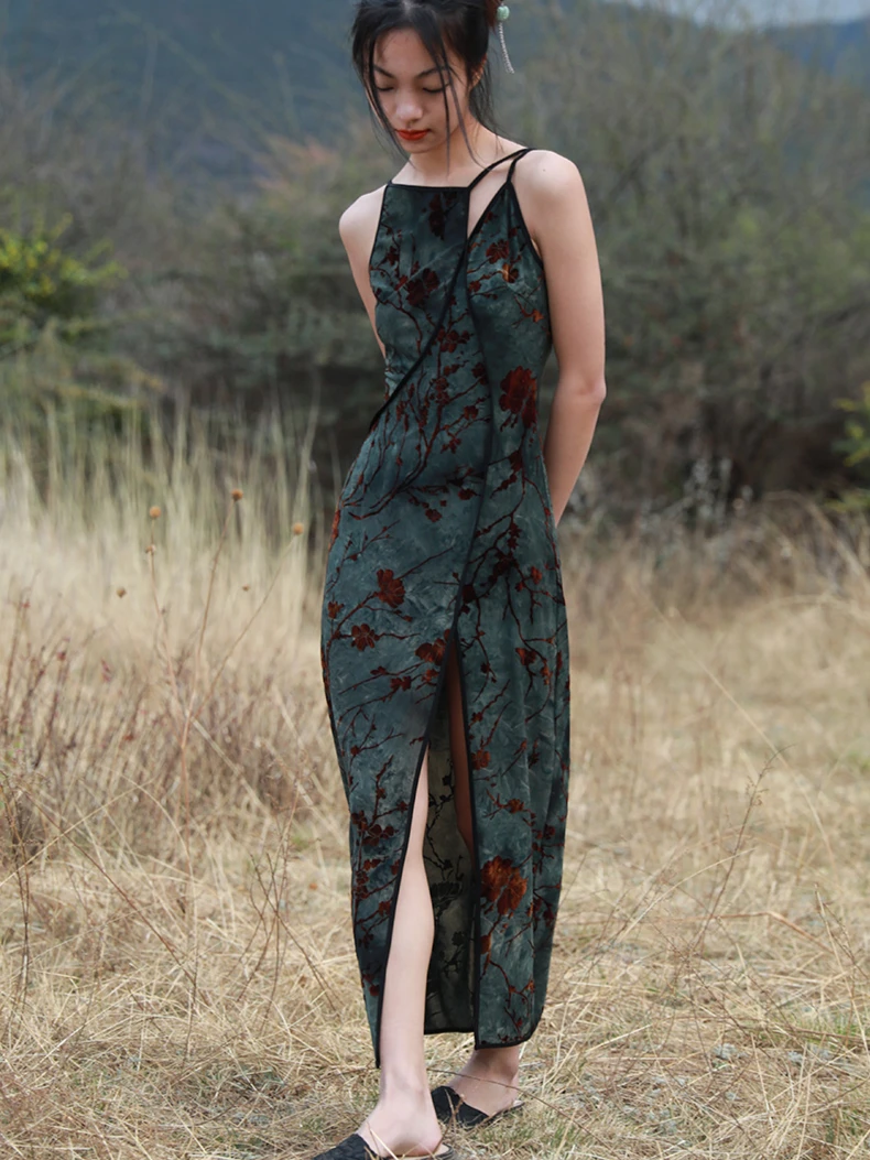 CHEERART Flocking Floral Green Vintage Long Dresses Woman Cheongsam Summer Backless A Line Side Split Midi Slip Dress Designer