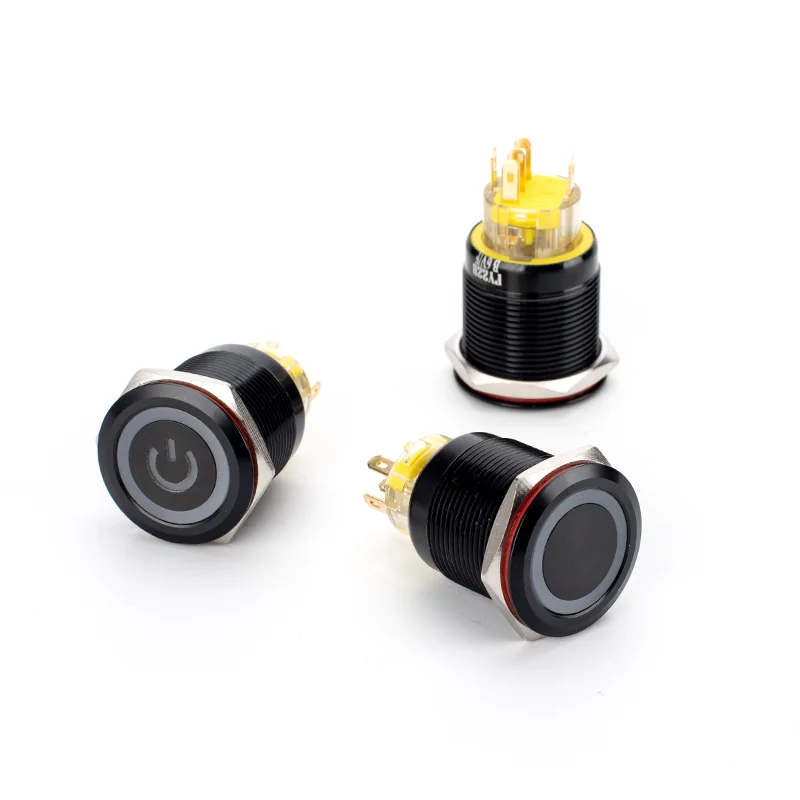 22mm Black Metal Push Button Switch Waterproof LED Light Self locking/Momentary Flat Head Switch with Connector