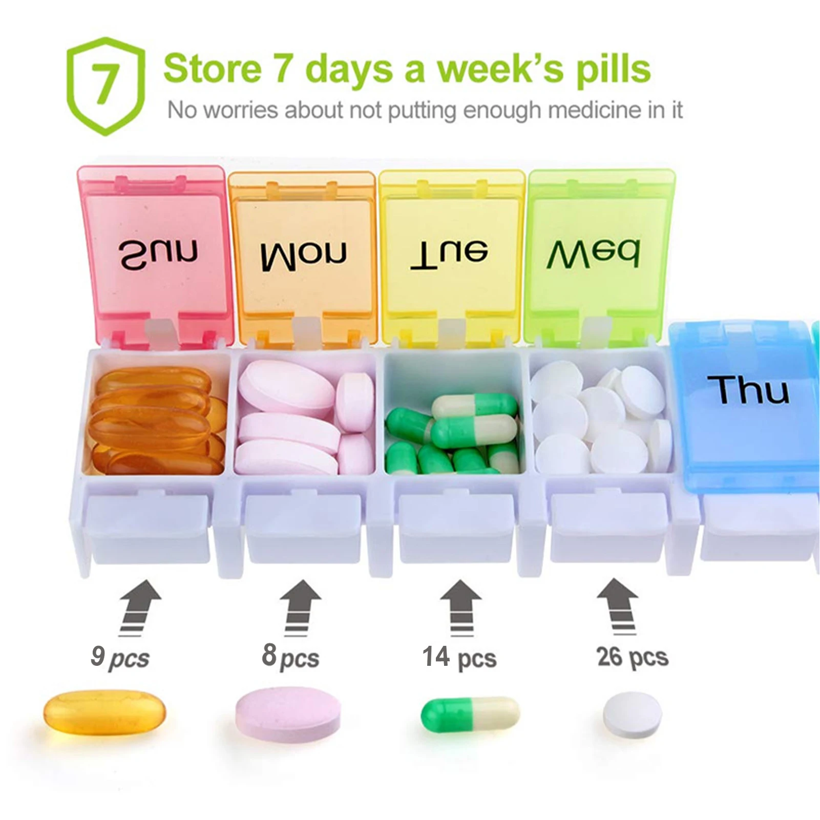 Pill Organizer for Travel Weekly Pill Box 7 Day Pill Case Daily Medicine Organizer 7 Compartments Pill Container