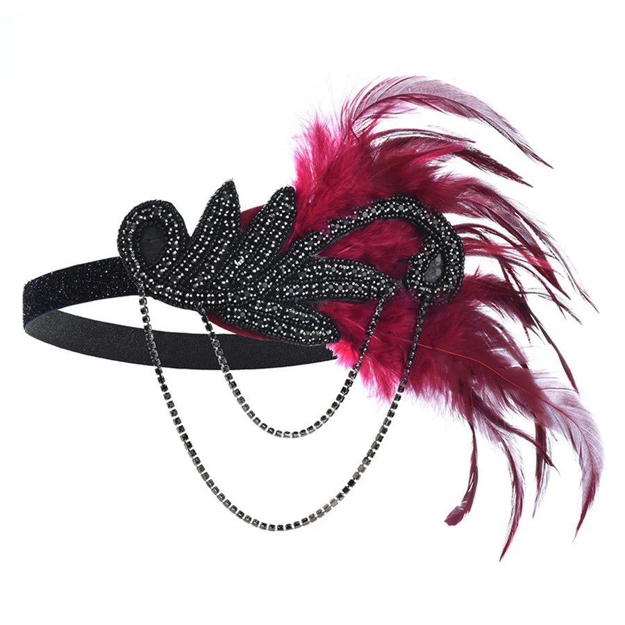 Headband retro de penas e pérolas para mulheres e meninas, vermelho e preto, adereços de festa, acessórios de vestido, moda cabelo, traje novo