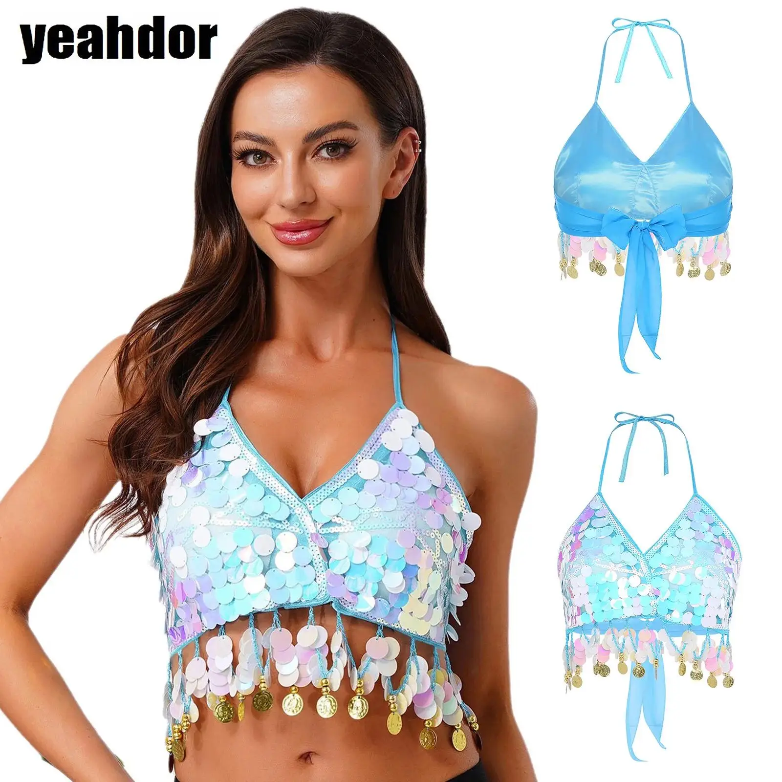 女性用光沢スパンコールベリーダンスブラトップ、ホルターネックVネック、胸パッド付き、スパンコールフリンジ、レースアップブラ、クロップトップ、ダンスクラス、パフォーマンス用