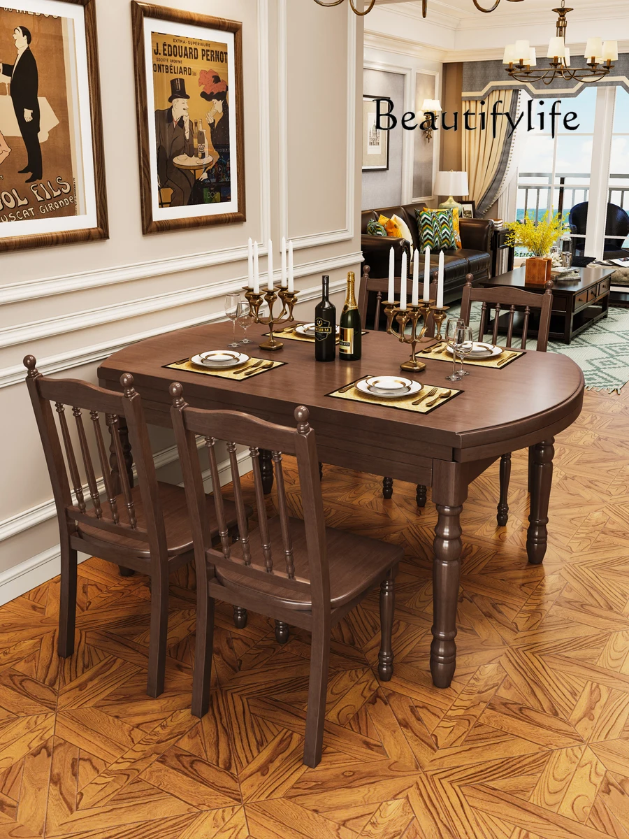 American Retro Solid Wood round Table Household Retractable Folding Square and round Dual-Use French Dining Table