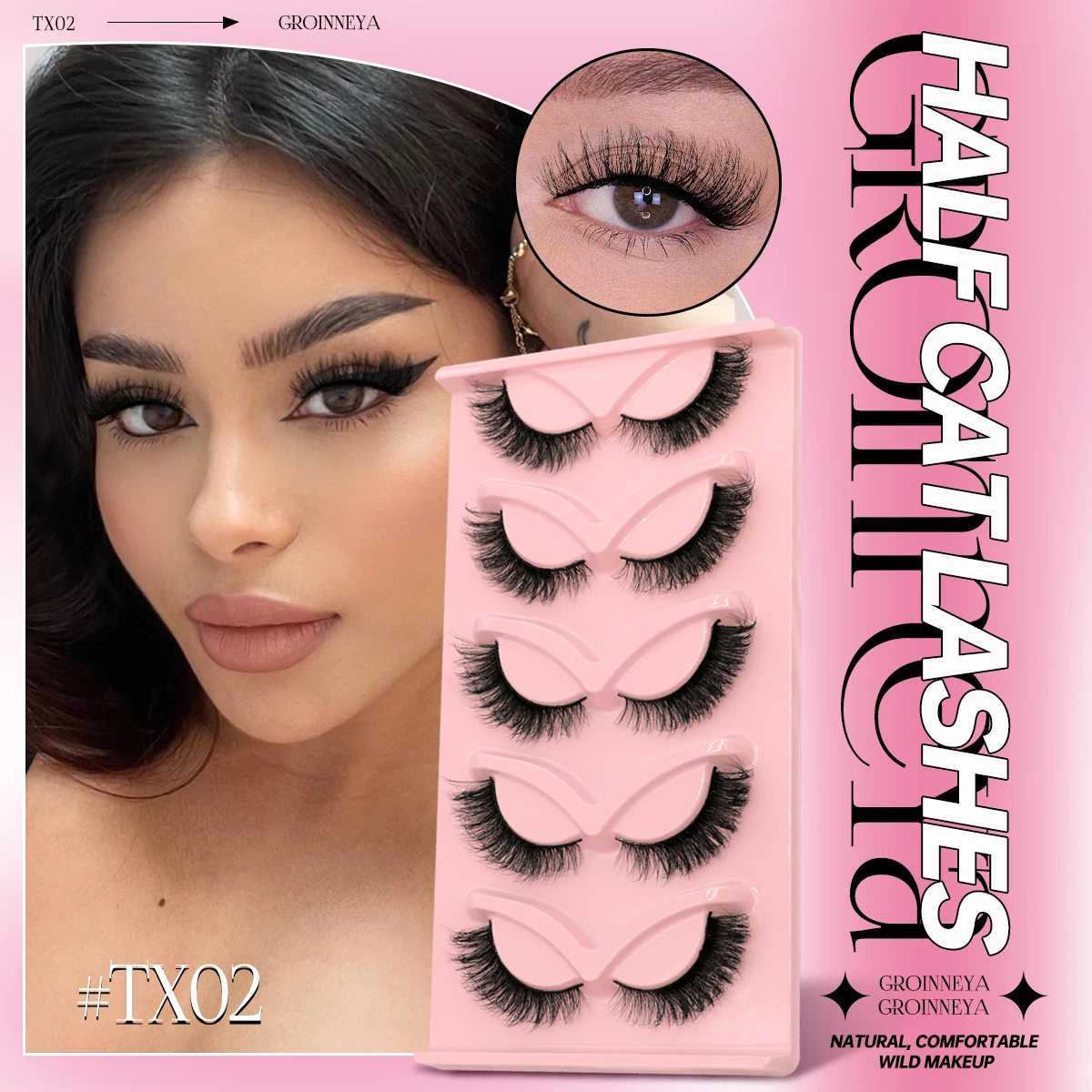 GROINNEYA 고양이 눈 속눈썹 3d 가짜 밍크 속눈썹 날개 달린 끝 눈 길쭉한 속눈썹 부드러운 자연 긴 가짜 속눈썹 속눈썹 확장
