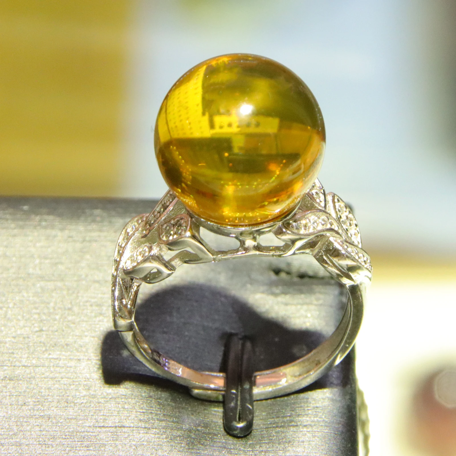 

14mm Blue Amber Ring Sterling Silver Adjustable Ring for Women with White Zircon Filigree Twisted Design Gift for Her Jewelry