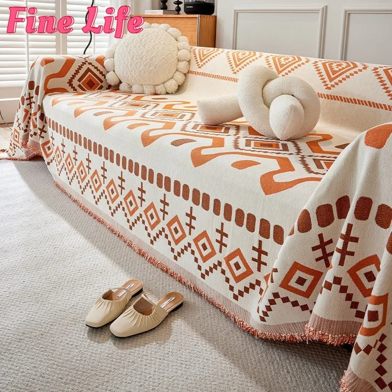 Non-slip Anti-wrinkle Double-sided Sofa Cover Chenille Fabric Dust Cover Bohemian Jacquard Pastoral Blanket for Bed Couch Chair