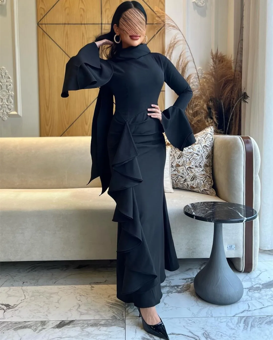 Customized Long Sleeve Black Evening Dresses with Ruffles Crepe Mermaid Ankle Length فساتين سهرة Wedding Guest Dress for Women