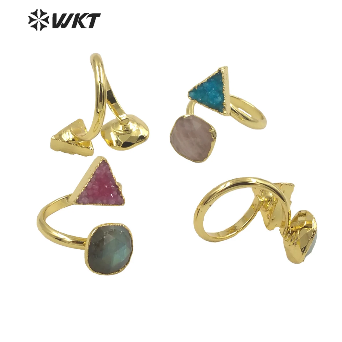 WT-R373 WKT Exclusive Design Double Gemstone Gold Ring Fashion Popular Plated Natural Stone Adjustable Druzy Accessories