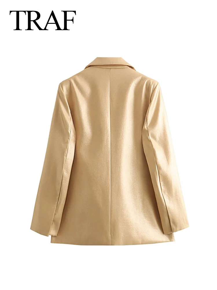 Imagem -04 - Traf-blazer Dourado com Gola Virada para Baixo para Mulheres Mangas Compridas Bolsos Terno de Botões Trajeto Senhora do Escritório Cabolsa Feminino Moda Primavera Novo