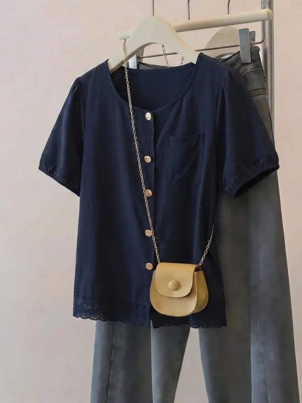 

Premium Feel Slimming Dark Blue Short Sleeve Women's Shirt Shoulder Width Regular Fit Korean Style Commute Fashion plus Size