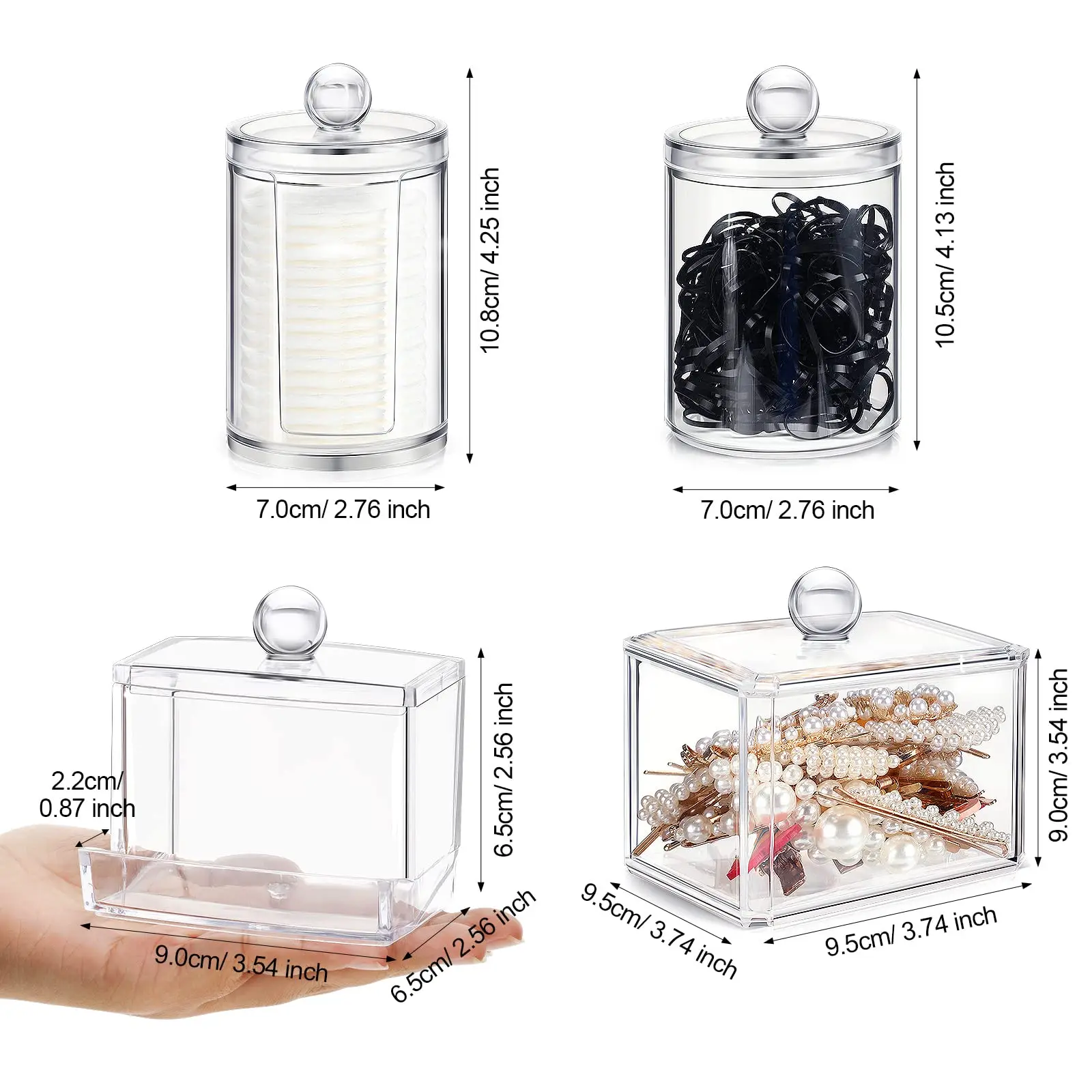 Square Qtip Holder Acrylic Bathroom Vanity Countertop Storage Box Organizer Canister Jar for Cotton Swabs, Rounds Balls, Makeup