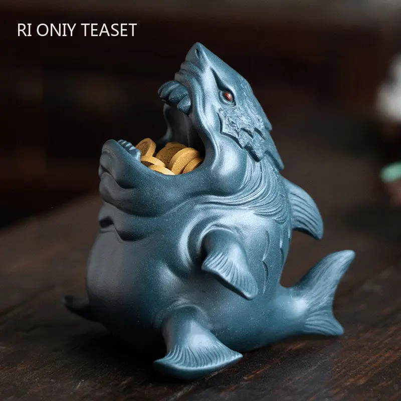 High-end Yixing Purple Clay Tea Pet Lucky Gold Coins Sharks Statue Ornaments Handmade Sculpture Chinese Tea Set Decoration