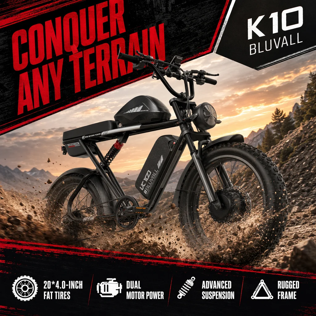 BLUVALL K10 Elektromotorrad 2000W Doppelmotor 52V43AH Hochleistungs-Abnehmbarer Lithium-Akku Drehgasgriff Hydraulische Bremse Tempomat Bluetooth-App-Verbindung 20 * 4,0-Zoll-Reifen