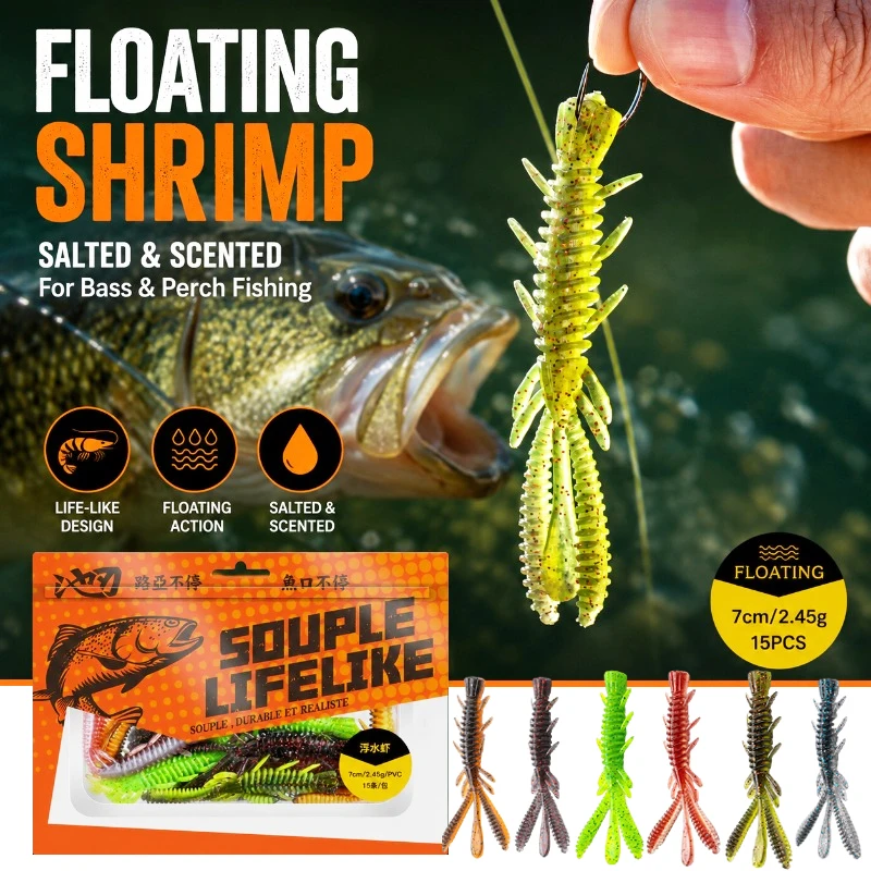 15-teiliges Set Schwimmende Garnelen-Softköder für Drop-Shot-Angeln, Bass, Mandarin-Fisch, Angelwurm-Set, Süßwasser-Angelausrüstung, Sortiertes Set – Detail 1