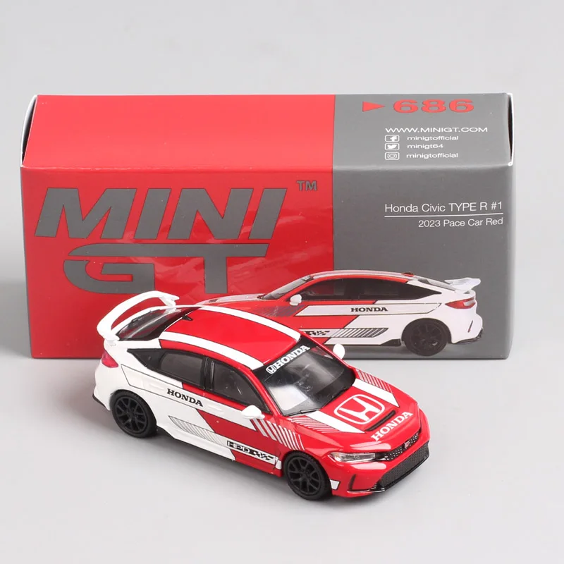 

MiniGT масштаб 1/64 Mini Honda Civic Type R 2023, Pace Car NTT INDYCAR, гоночная литая под давлением модель игрушечного транспортного средства, миниатюры, коллекционные предметы