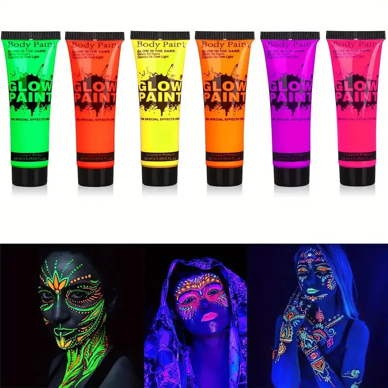 UV Body Painting Kit,6pc 25ml UV Neon Face and Body Painting Neon Fluorescent UV Black Light Body Painting Halloween Makeup