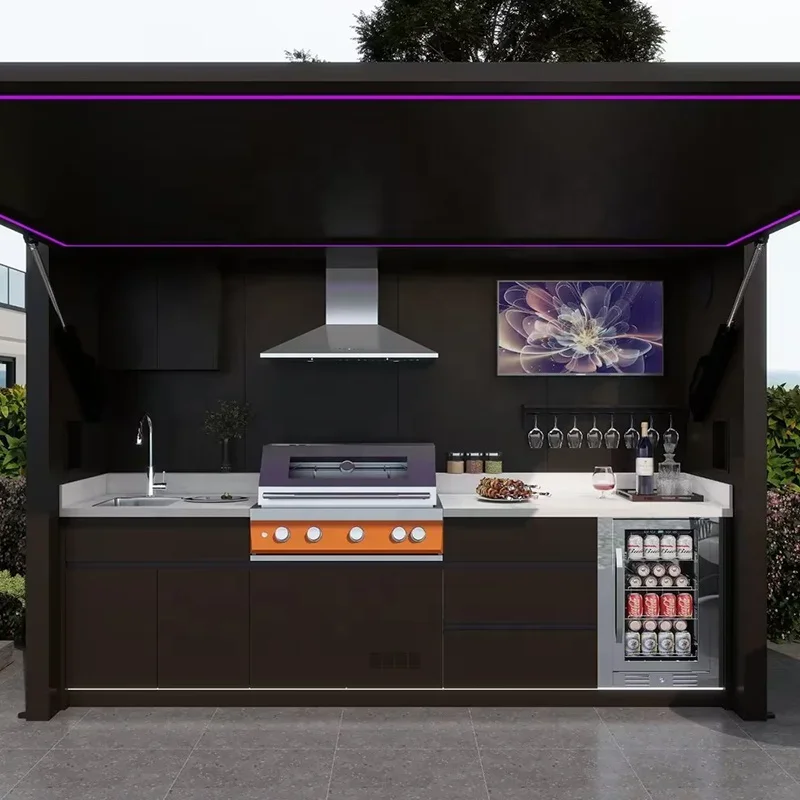 Modular Stainless Steel 304 Outdoor Kitchen Shed Remote Control Easily Assembled Weatherproof BBQ Cabinetry Flame Safety Roof