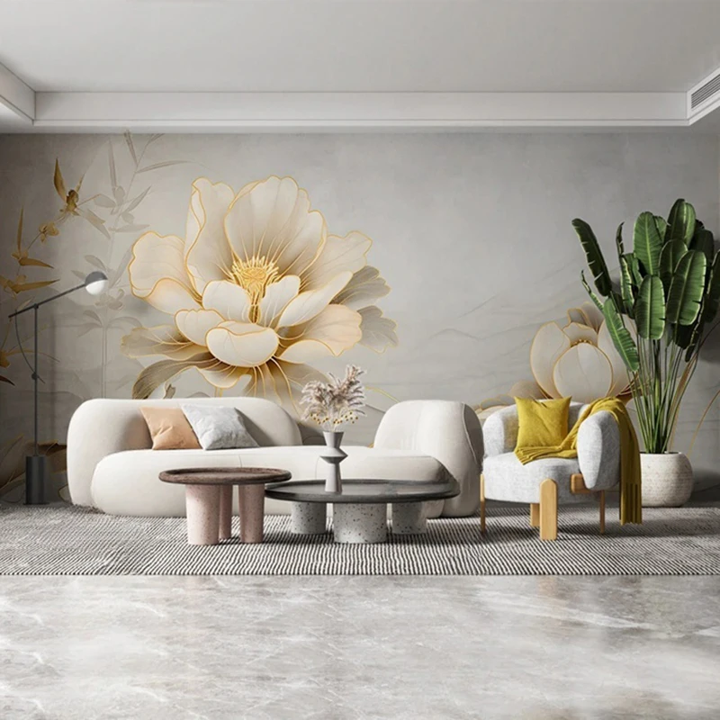 

New Chinese Style TV Background Mural Custom Wallpaper Hand-painted Flower Painting Wall Covering Home Decor Building Supplies