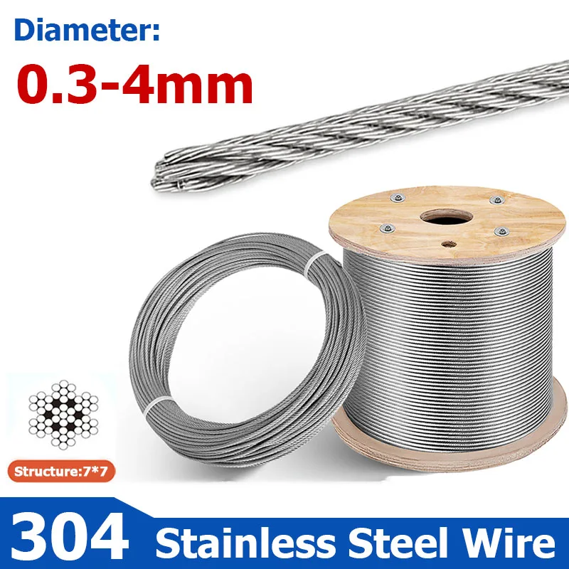 

0.5-4mm Diameter 7X7 Structure 304 stainless steel wire rope thin cable softer fishing lifting cable