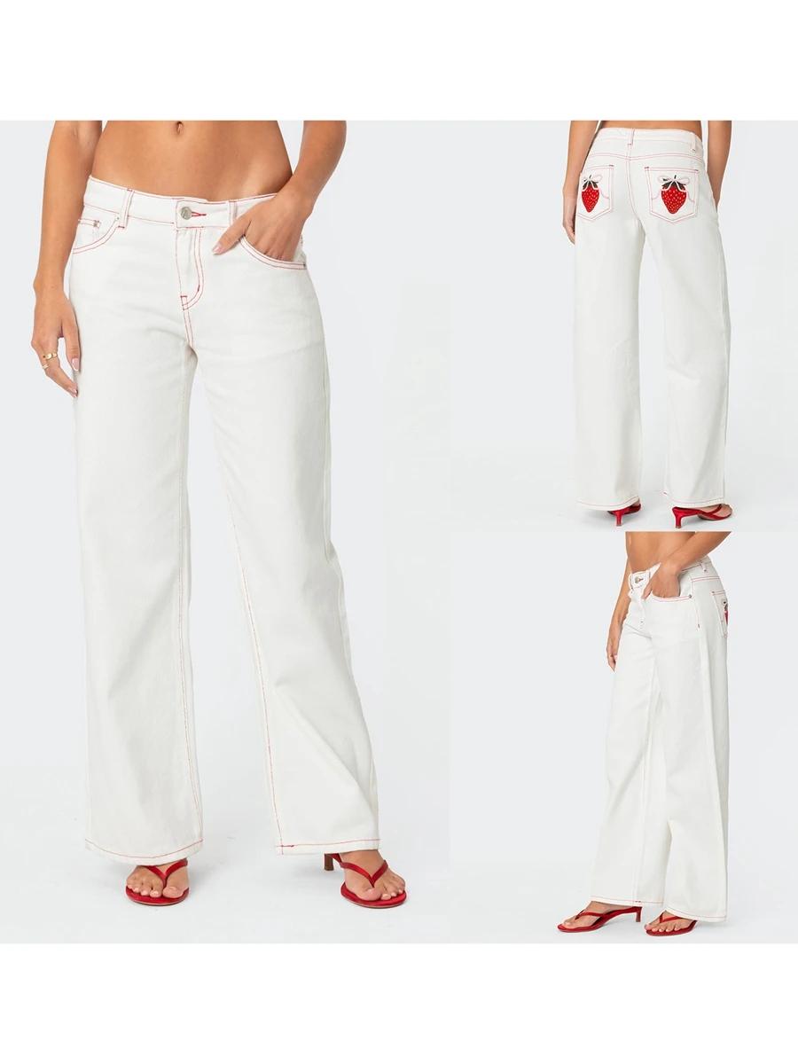 Women s Jeans Bow Strawberry Embroidery Mid Rise Straight Leg Denim Pants with Pockets for Summer Spring Fall