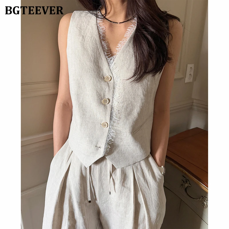 

BGTEEVER Summer Female Trousers Suits V-neck Single-breasted Vests & Wide Leg Pants Ladies 2 Pieces Set