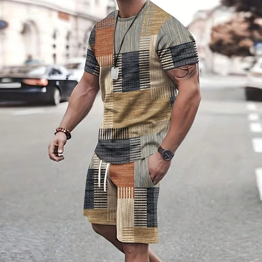 

2025 Retro Summer Two-piece 3D Printed Casual T-shirt Shorts Set Fashionable New Men's Sportswear