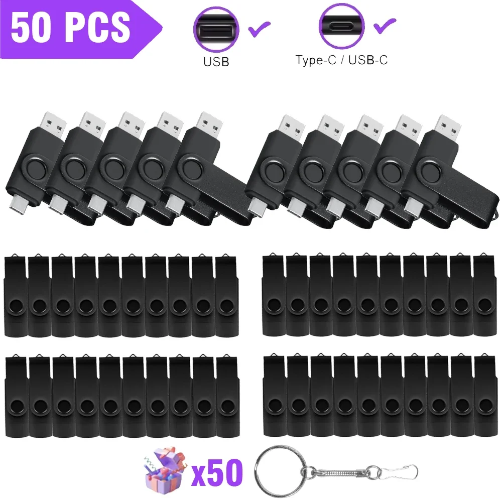 50 stks/partij USB Stick 128GB Cle USB Gratis Aangepast Logo Pendrive 64GB USB 2.0 TYPE C U Disk 32GB 2 in 1 Rotatie Pen Drive 16GB 8GB