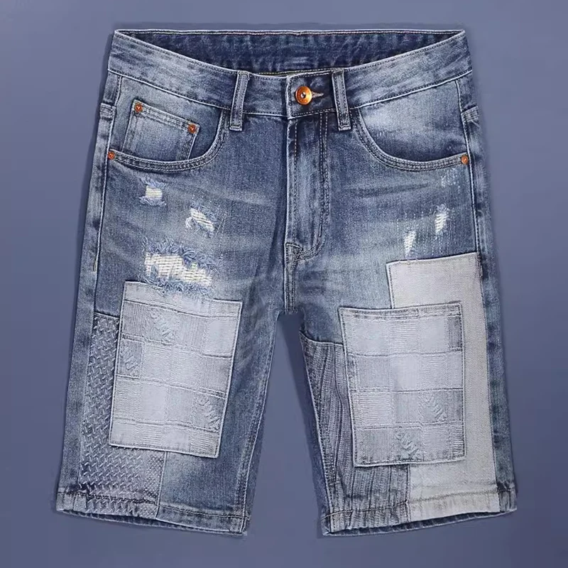 Summer Fashion Retro Men's Jeans Vintage Washed Grey Blue Elastic Slim Fit Split Short Jeans Patch Designer Hip Hop Denim Shorts