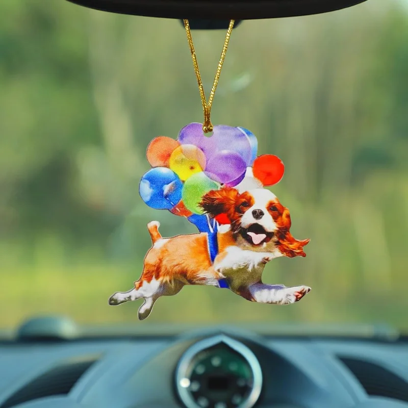 Cute Flying Dog Pendant Car Rearview Mirror - Funny Colorful Balloon Hanging Ornament Rear View Charm - 2D Fl