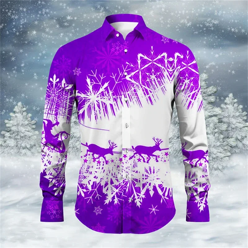 2024 Fashionable Men\'s Shirt Lapel Long Sleeve Elk Fireworks Colorful Clear Pattern Soft and Comfortable Men\'s Tops Plus Size