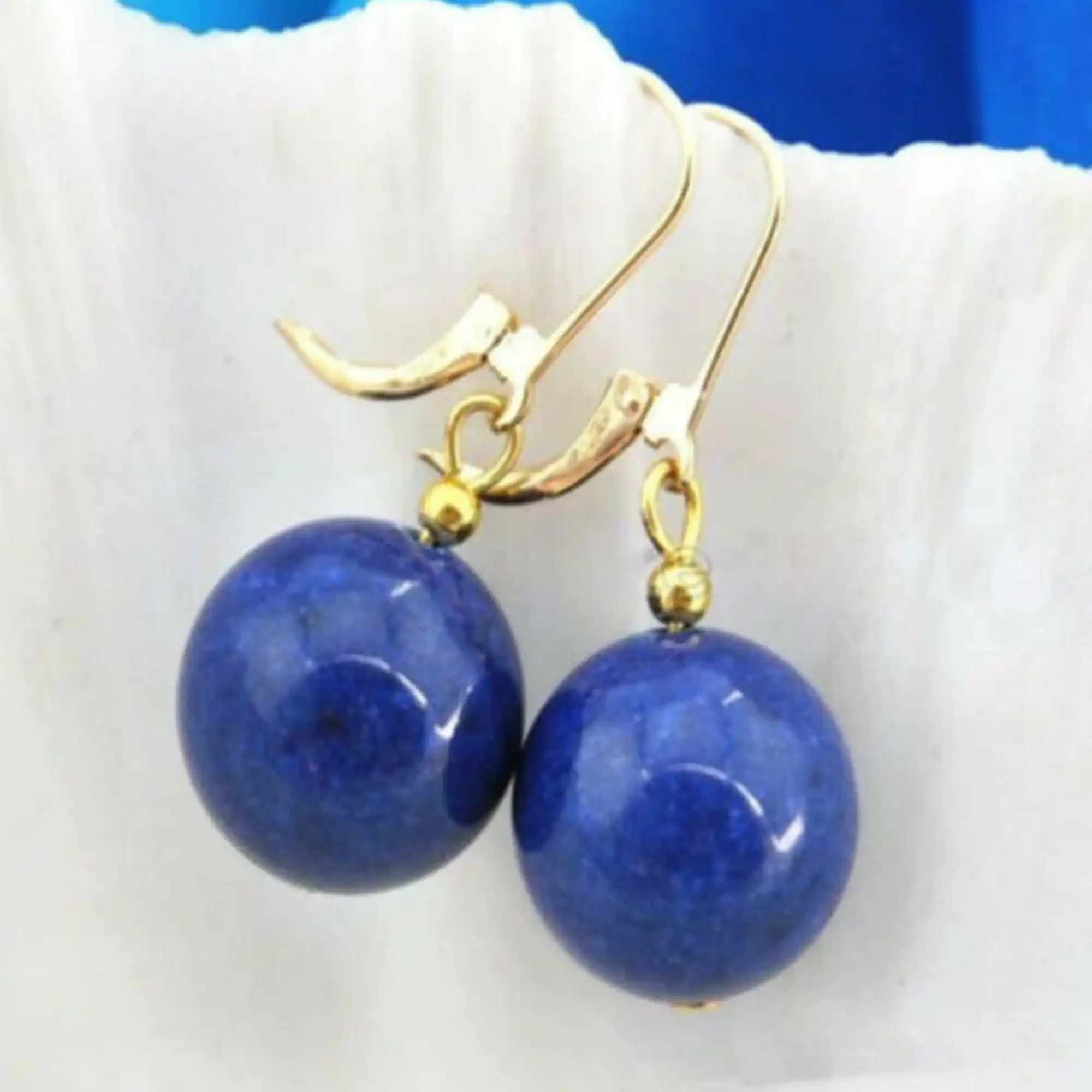 

12mm Natural blue round lapis lazuli beads 14K gold earrings Freshwater Gift Hook FOOL'S DAY Aquaculture Wedding Easter Women