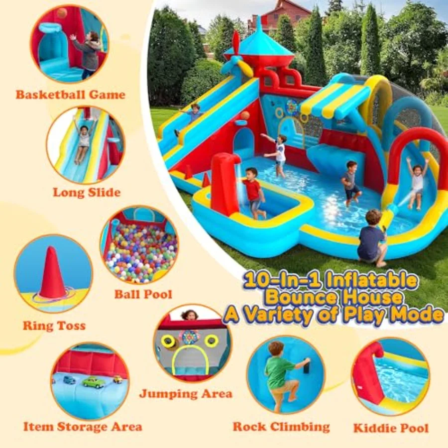 Inflatable Bounce House with Double Slide, Water Slide, Jumping Area, Splash Pool, Climbing Wall, Toy Stand, Water Cannon, Bask