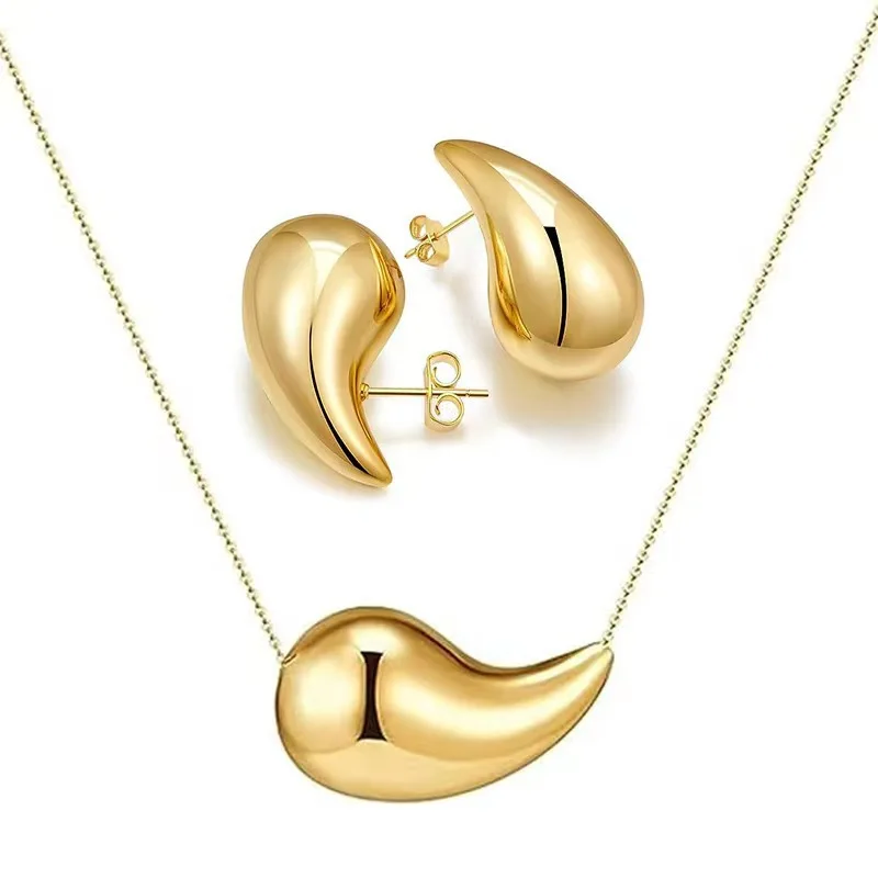 3pcs Jewelry Suit Stylish Water Drop Design Necklace Earring Set Women\'s Minority Long Necklace Geometric Earrings