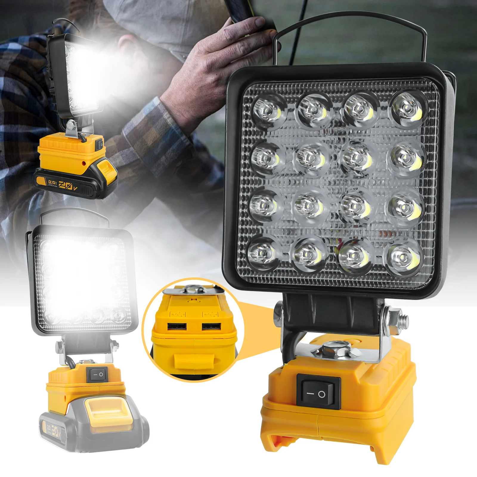 Cordless LED Work Light 27W 1400LM Flashlight LED Flood Light with Dual USB Charging Port for Dewalt 20V Battery (No Battery)