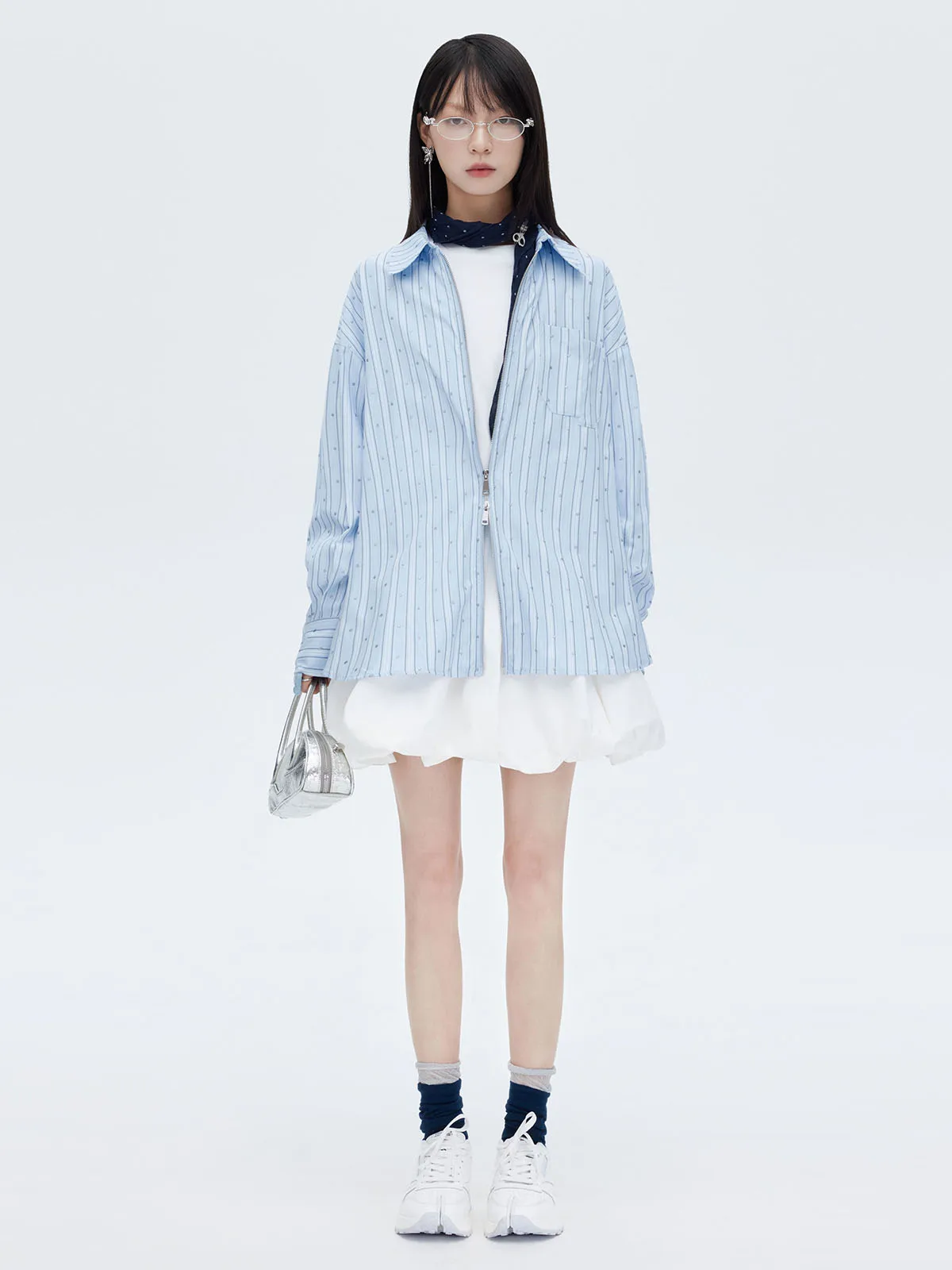 

Silver Sprinkled Long Sve irt Women's Print Zipper Mid-Length Korean Sle Loose Fit Spring 2026 Blue Stripe Polka Dot