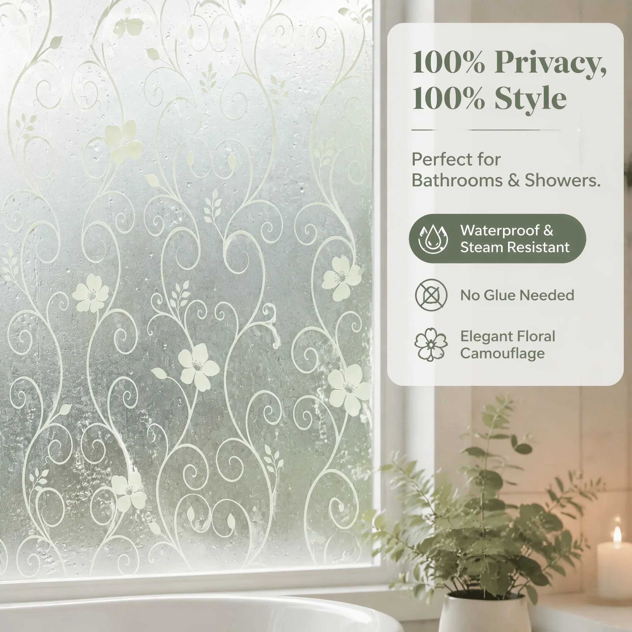 Floral Privacy Glass Sticker Self-Adhesive Curly Vine Flower Frosted Window Film Waterproof UV Block Removable No Residue for Ho