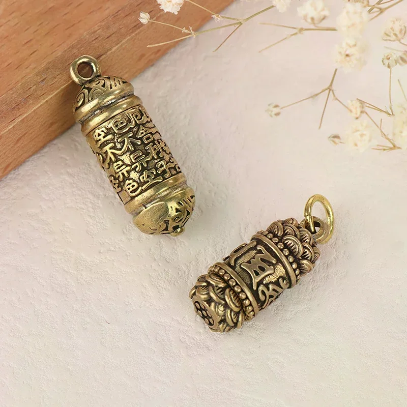 1PC Handmade Hollow Brass Buddha Keychain Vintage Sutra Cylinder Pendant Pill Box Vintage Style Bottle Container
