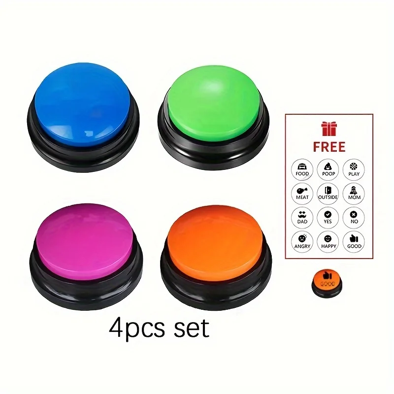 4pcs Fun Interactive Recordable Pet Button Sound Buzzers for Dog Communication and Training - Wireless-Free, Durable Plastic Con