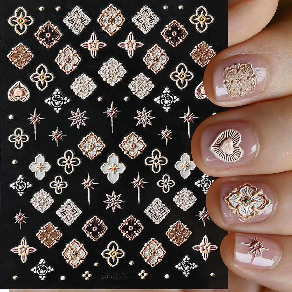 1 Sheet 5D Embossed Flower Nail Art Sticker Elegant Bohemia Design Metallic Flower Slider Sticker For Nails Self-adhesive Decals