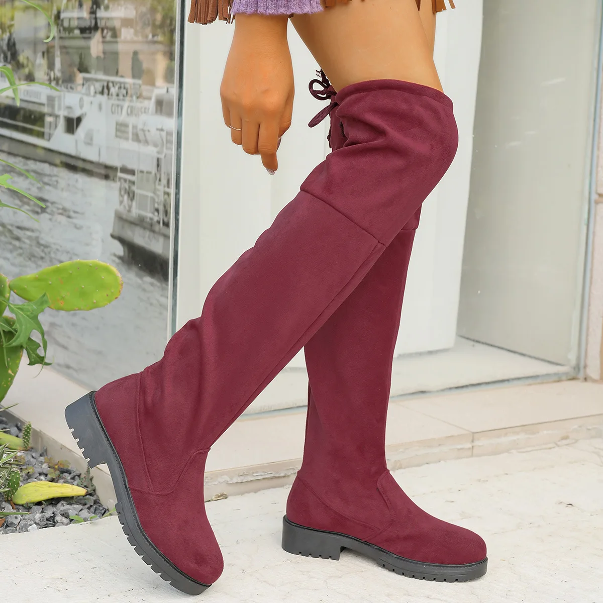 

Women's Large Size Suede Low Heel Over the Knee Boots Women's New Back Lace Up Thin High Boots Stylish Outdoor Commuter Shoes