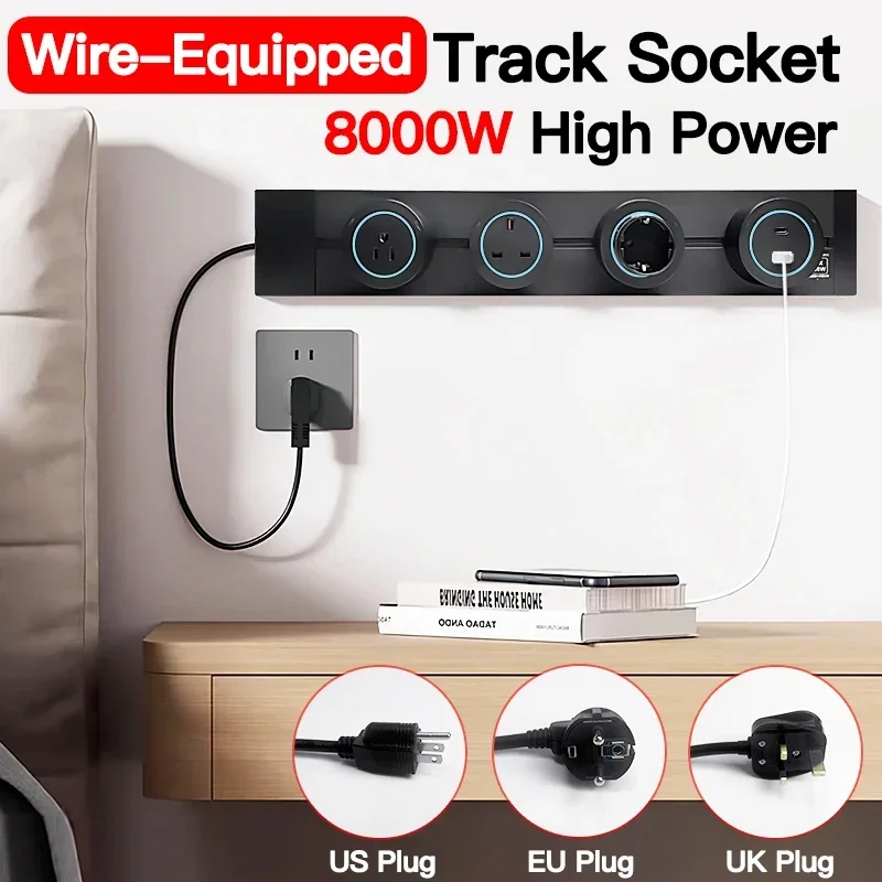 

Wall‑Mounted Power Track Outlet Rail, Modular Sliding Socket Strip with USB‑C, US/EU/UK Adapters, Grey/Black, For Office Home