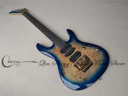 Blue Electric Guitar ultra-thin Body Burl Maple Top Groove Fan Fingerboard HSH pickups Tremolo bridge