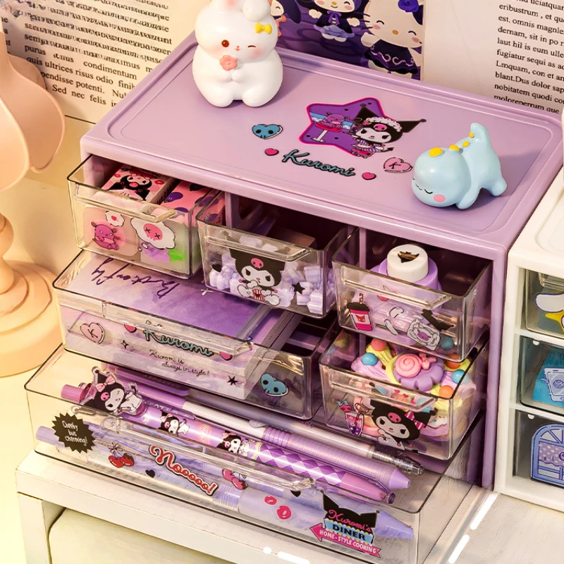 sanrio desktop gaveta tipo storage box organizador transparente desk pen holder enviar kuromi melodia cinnamoroll adesivos grade 01