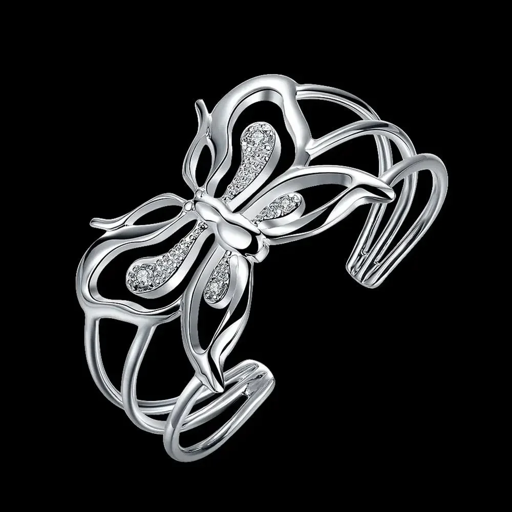 Hot 925 Sterling Silver Zircon Big Butterfly Wide Bangle Cuff Bracelets For Women Adjustable Jewelry Fashion Party Girl Gifts