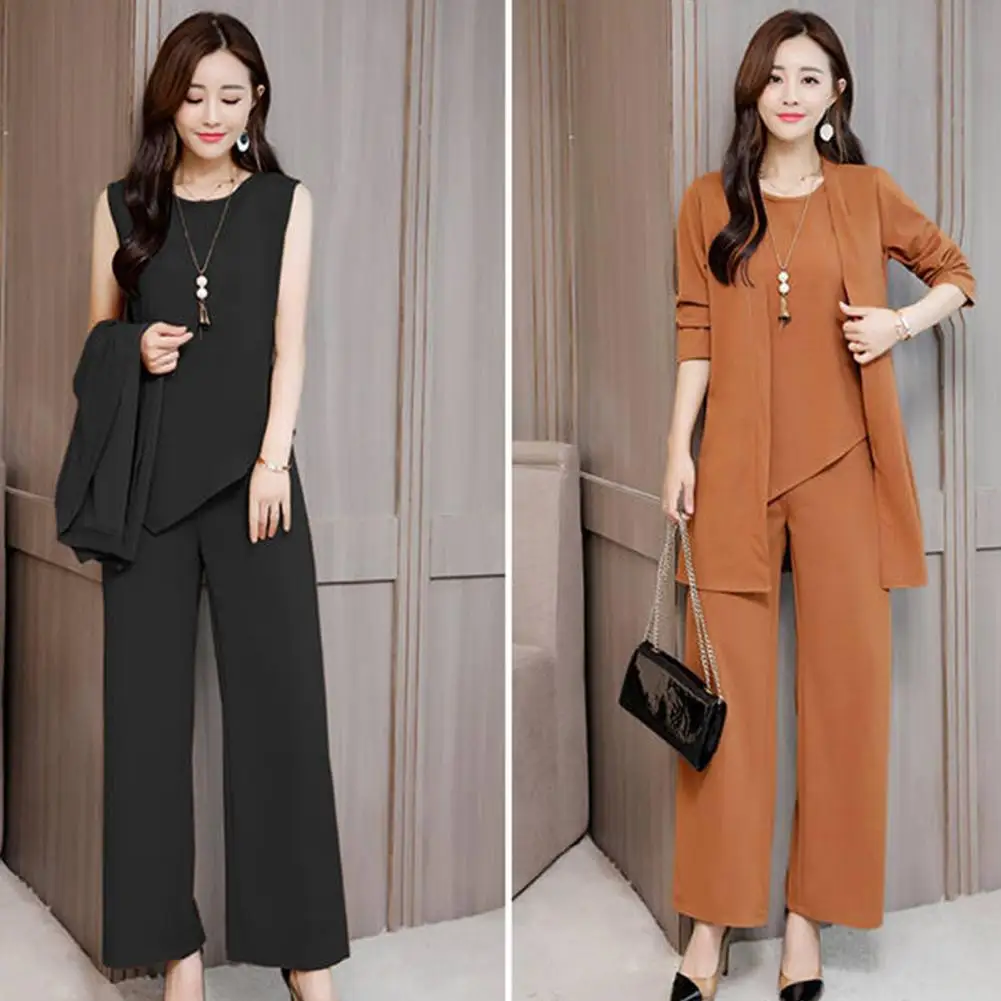 

3Pcs/Set Simple Loose Outfit Elastic Waistband Comfortable Casual Outfit Tank Tops Wide Leg Pants Mid-length Coat Set