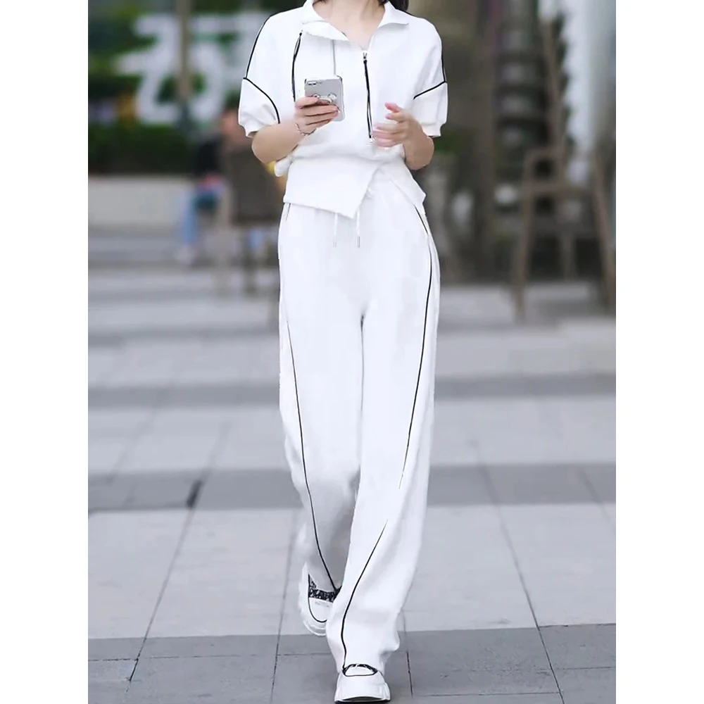 

5XL 6XL Large Size Fashion Casual Sportswear Set Women Outfit Spring Summer Half Zipper Tops + Long Pants 2PCS Tracksuit Suit